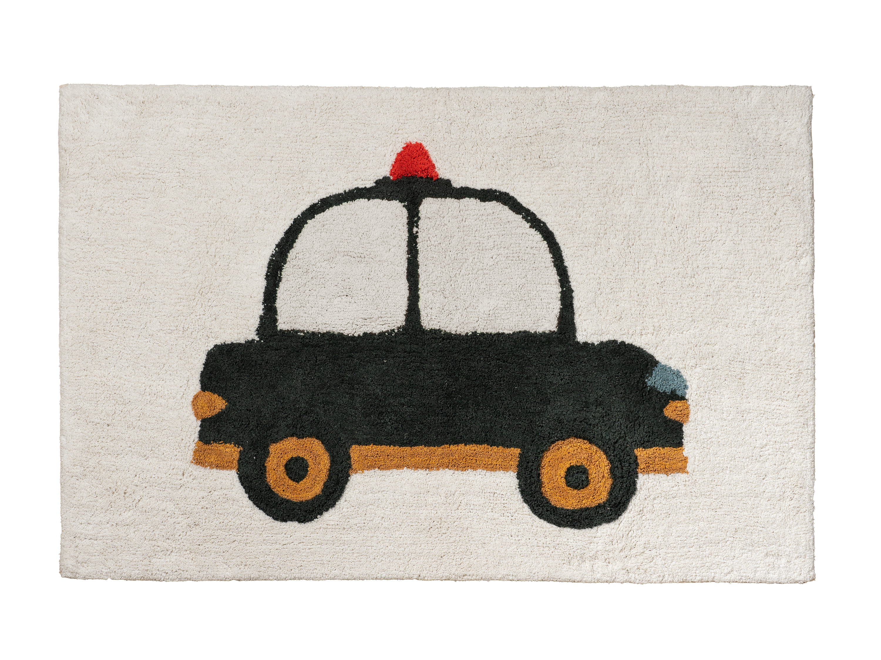 Politieauto vloerkleed voor in jongenskamer met autootjes. 