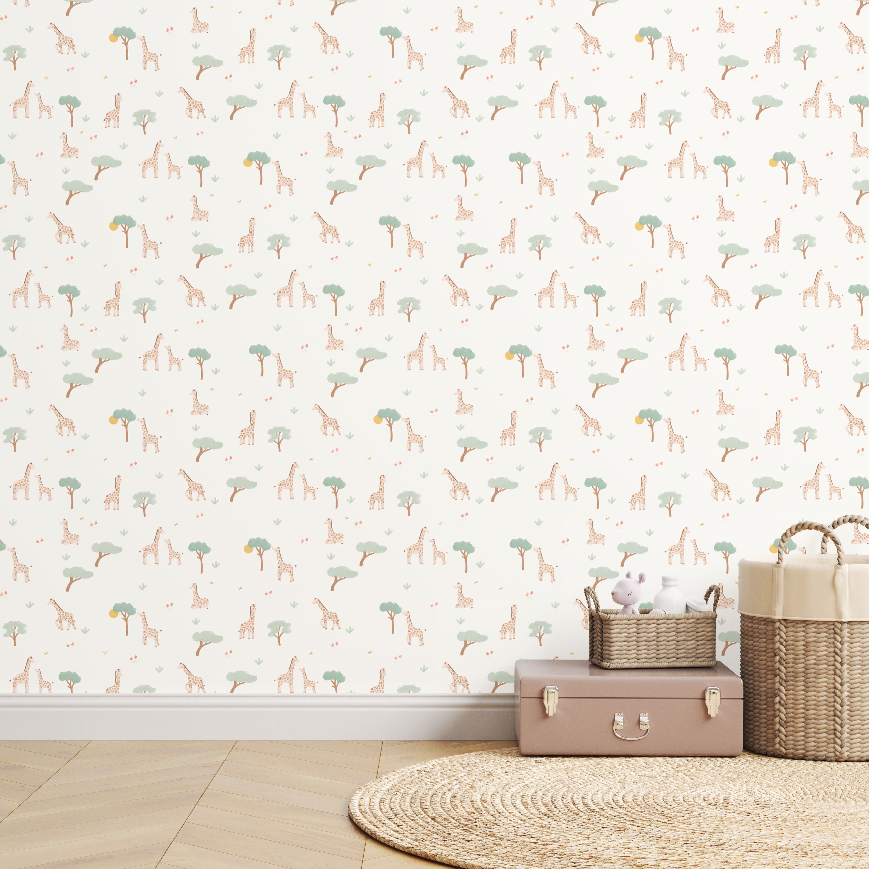 Kinderkamer behang Serene Safari met zachte dierenillustraties.