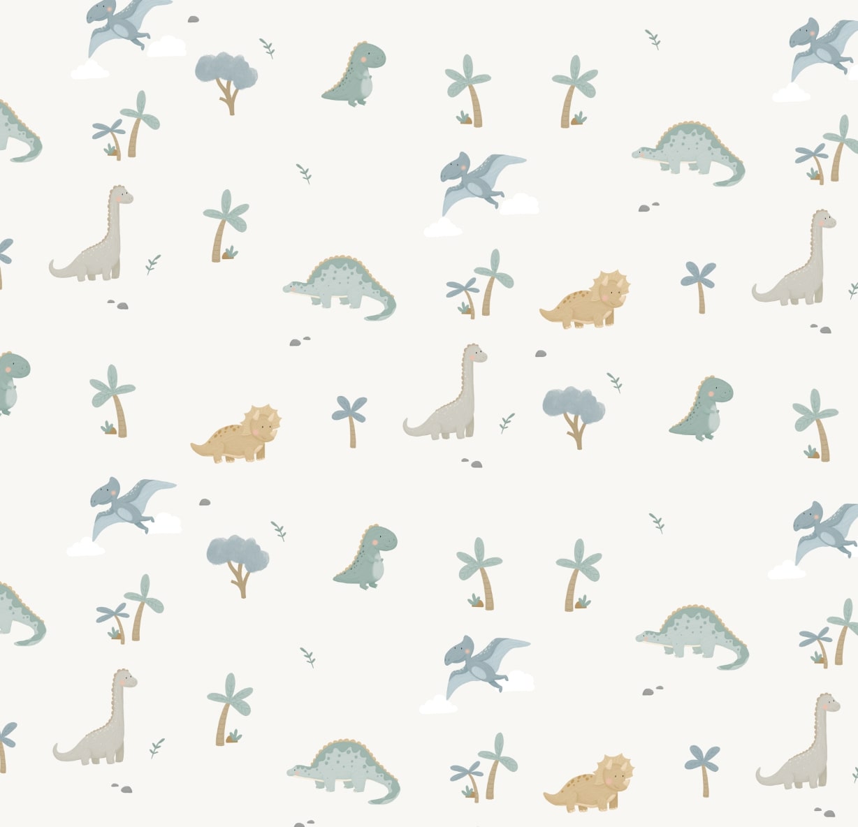 Kinderkamer behang Baby Dinosaur – kleurrijk maar toch subtiel.
