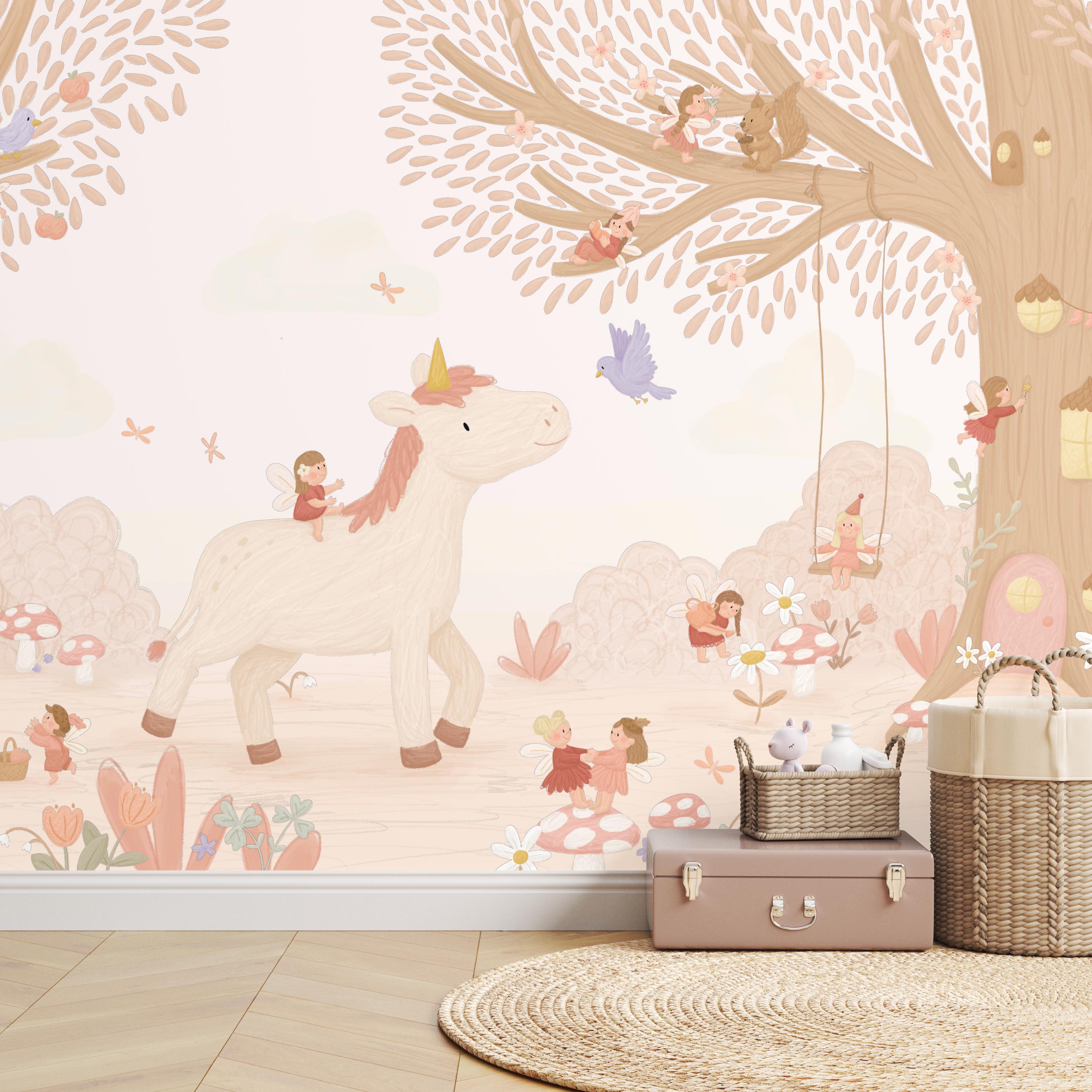 Neutraal unicorn behang voor kinderkamer met sprookjesachtige uitstraling.