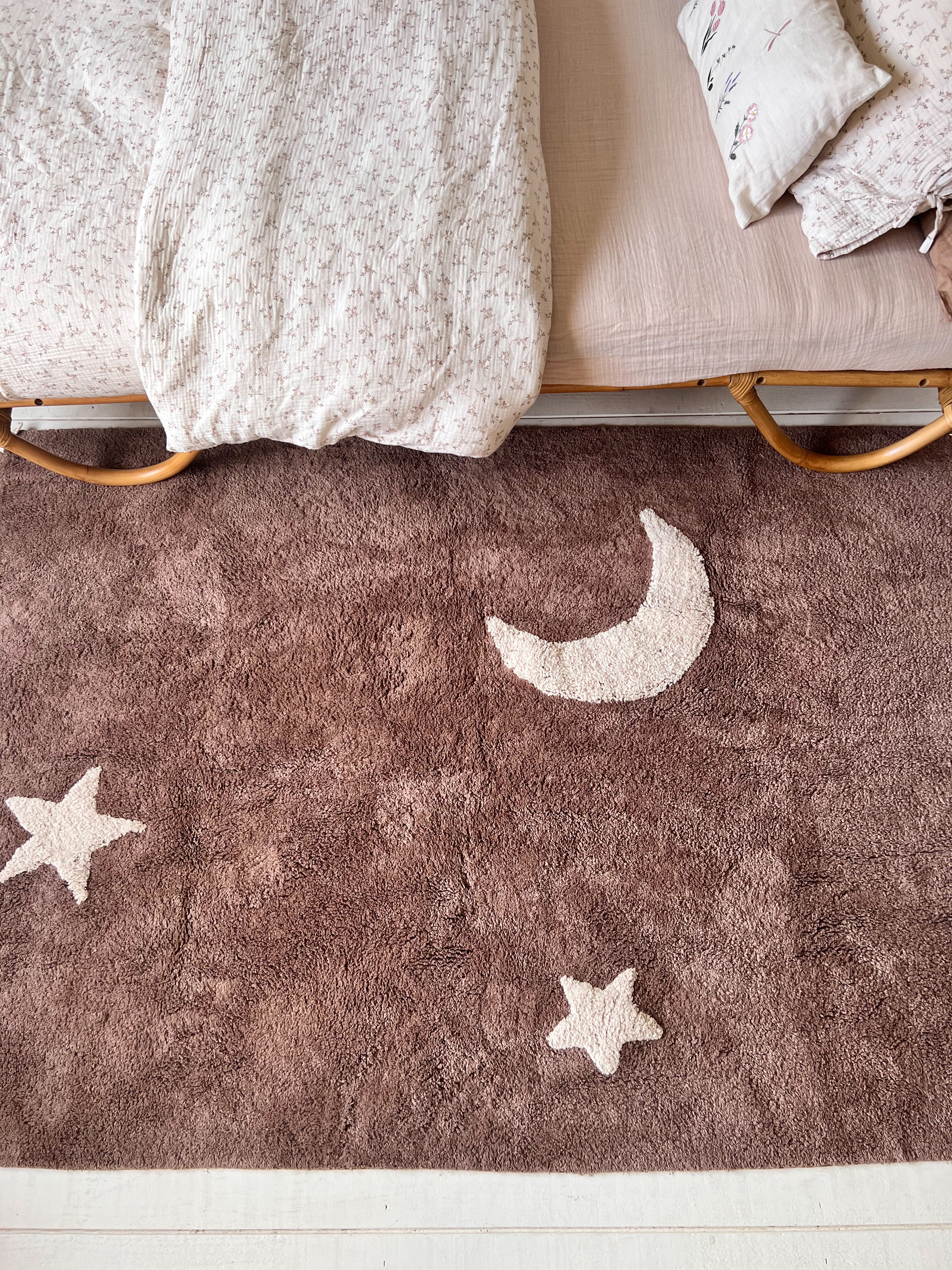 Unisex kinderkamer vloerkleed roze met maan en sterren motief