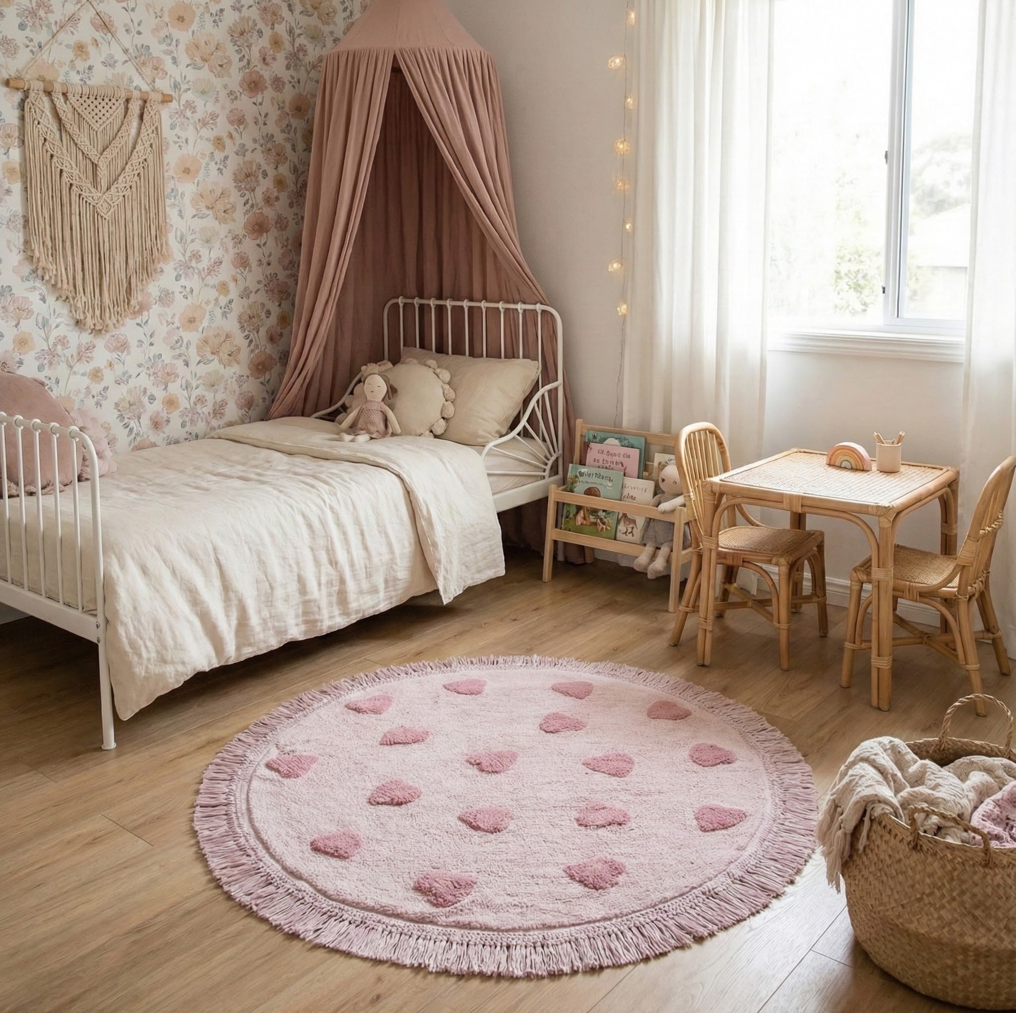 zacht en rond vloerkleed met hartjes, speciaal voor gezellige meisjeskamers